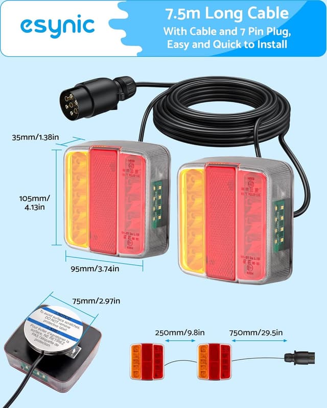 Detalle de eSynic 2 Pack Magnetic 18 LED Trailer Light Kit (12V, 7-pin, magnetic mount, IP65 waterproof) with 7.5m cables