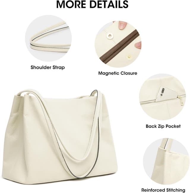 Detalle de Kattee Soft Genuine Leather Tote Hobo Shoulder Bag with Magnetic Snap (Medium)