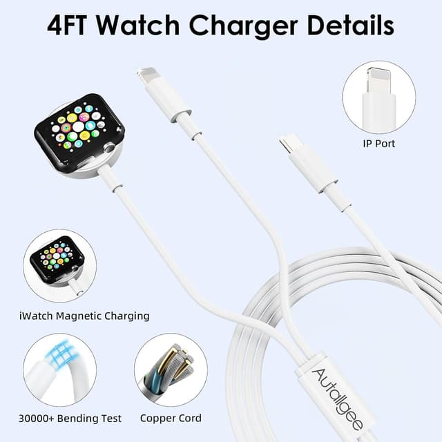 Detalle de Autallgee Upgraded 2 in 1 Charger for Apple Watch and iPhone (USB‑C to Lightning) with 20W wall charger