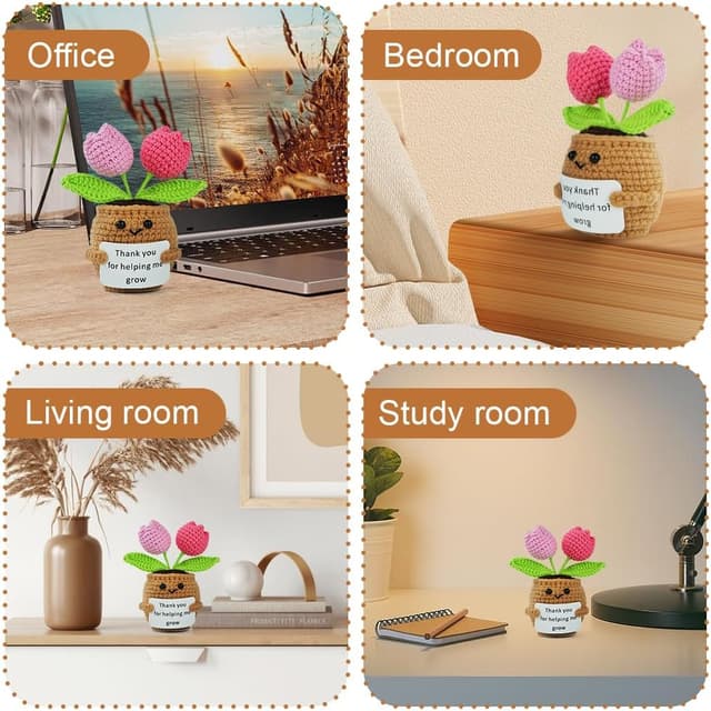 Detalle 2 de Vicloon Mini Positive Doll, peluche a forma di piantina in vaso all’uncinetto con carta positiva