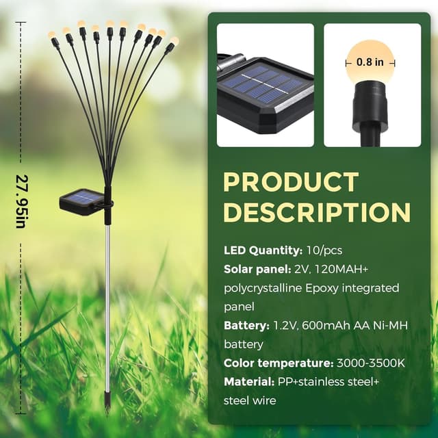 Detalle 2 de PATIOPIA Solar Lights Outdoor Garden (8 Pack, 80 Warm White LEDs) – Waterproof firefly-style pathway lights