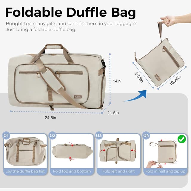Detalle de Fmeida Reisetasche Groß (65L) faltbar mit Schuhfach – Handgepäck & Sporttasche in Beige
