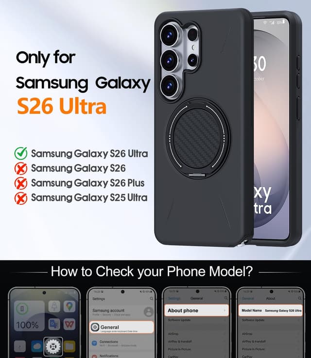 Detalle de AOUIA Samsung S26 Ultra Case (Black) with 2-Pack Screen Protector & 360° Kickstand