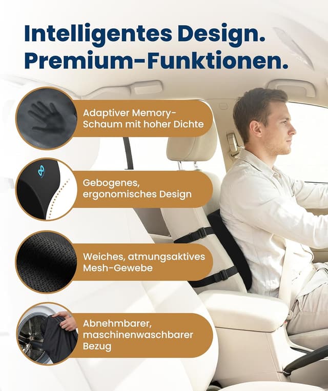 Detalle de Everlasting Comfort Lendenwirbelstütze mit Memory-Foam-Kissen – Schwarz für Büro, Stuhl & Auto