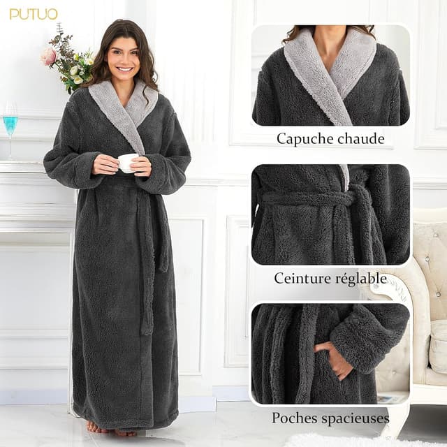 Thumbnail 4 de PUTUO Robe de Chambre Femme Polaire Longue