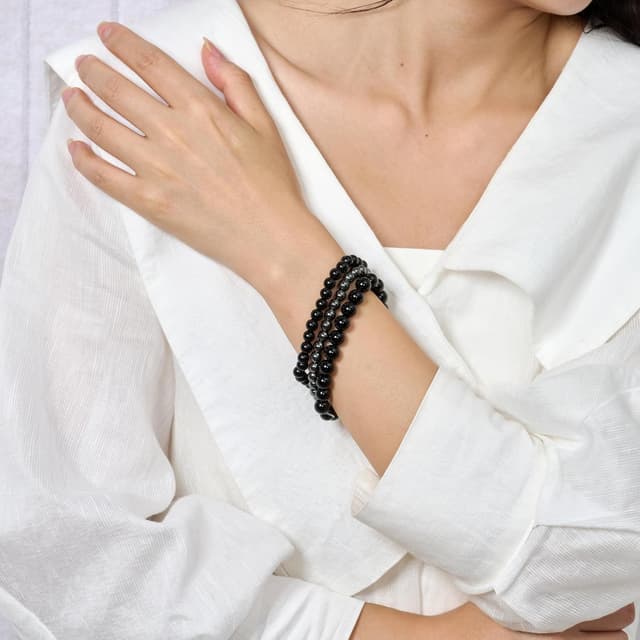 Detalle de Bivei set 3 bracciali con pietre naturali: turmalina nera, ossidiana nera e ematite (3 pezzi, elastico)