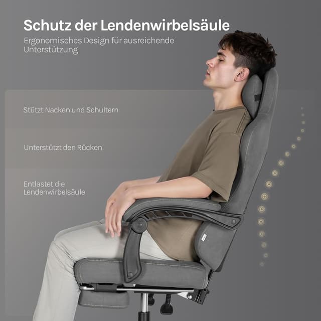 Detalle de WOLTU Gaming Stuhl mit Massagefunktion, Lordosenstütze, 150-kg-Last & Fußstütze (Grau+Gelb)