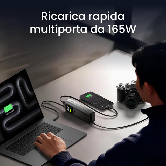 Detalle de Sharge Retractable 165 Power Bank 165W da 20.000 mAh con cavo retrattile e display TFT