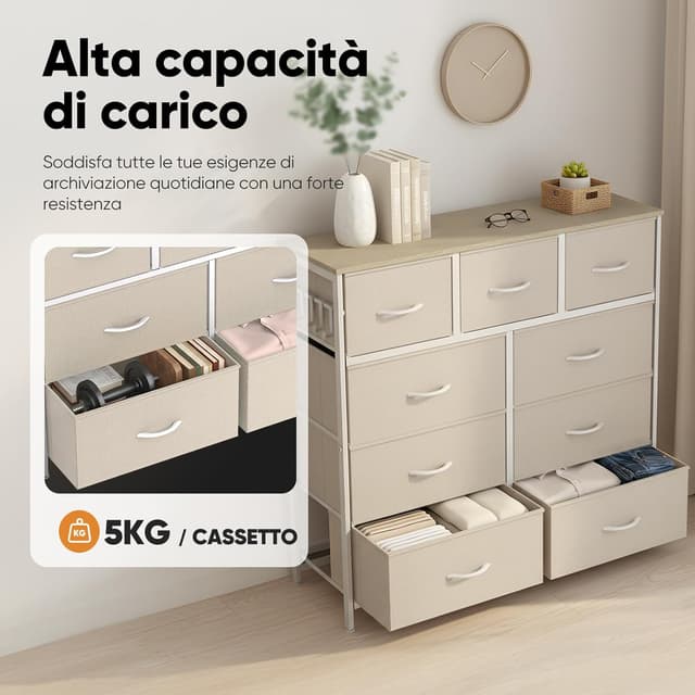 Detalle de HOKEEPER Cassettiera in tessuto con 9 cassetti, mobile salvaspazio 100x30x100 cm (beige)