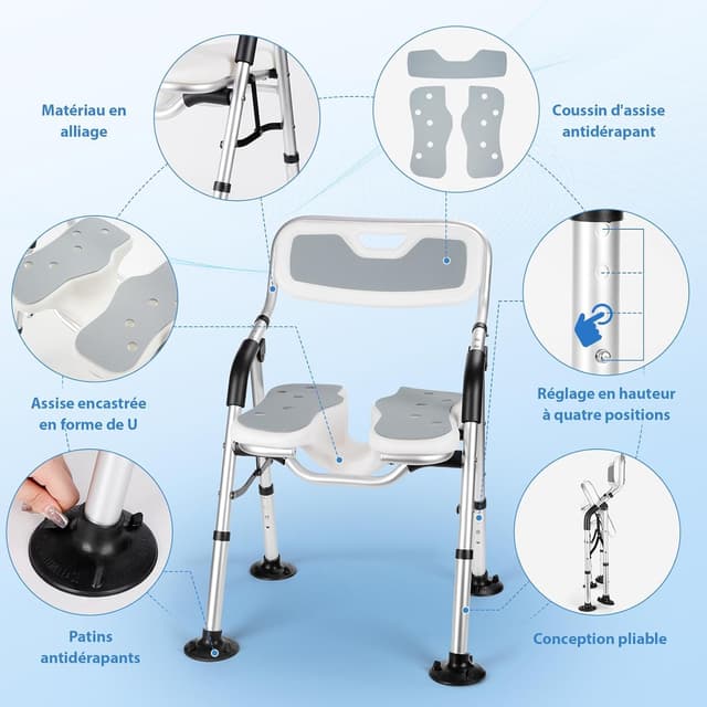 Detalle de DEWEL Chaise de douche pliable avec dossier et accoudoir, hauteur réglable (jusqu’à 150 kg), gris
