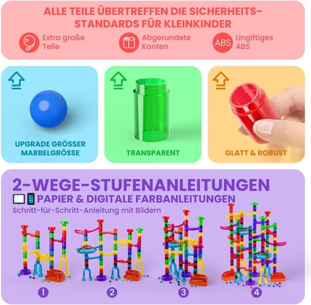 Detalle 1 de Murmelbahn Logikspiele Mehrfarbige Kugelbahn (150 Teile) mit transparenten Bahnelementen