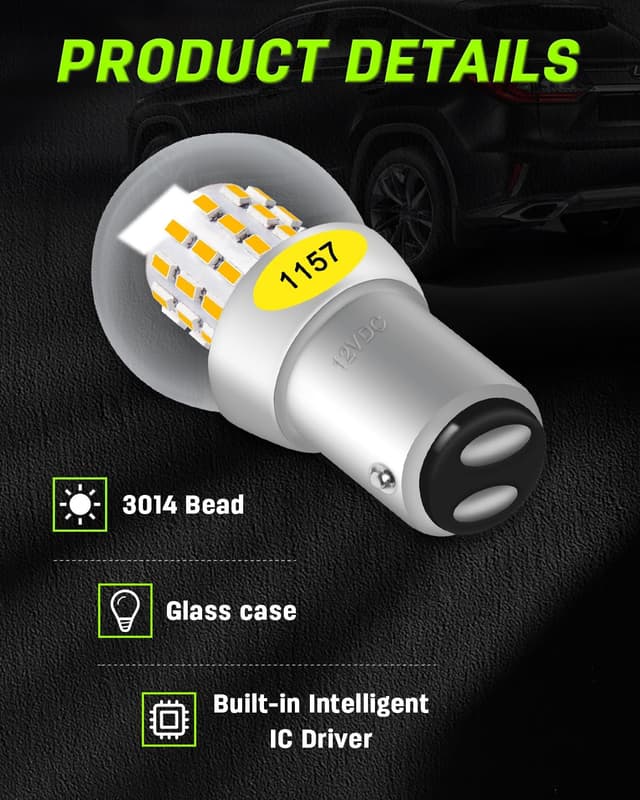 Detalle 2 de Defvnsy 2x Amber/Yellow 1157 BAY15D LED Indicator Bulbs (P21/5W) for 12V DC – Turn signal, marker and more