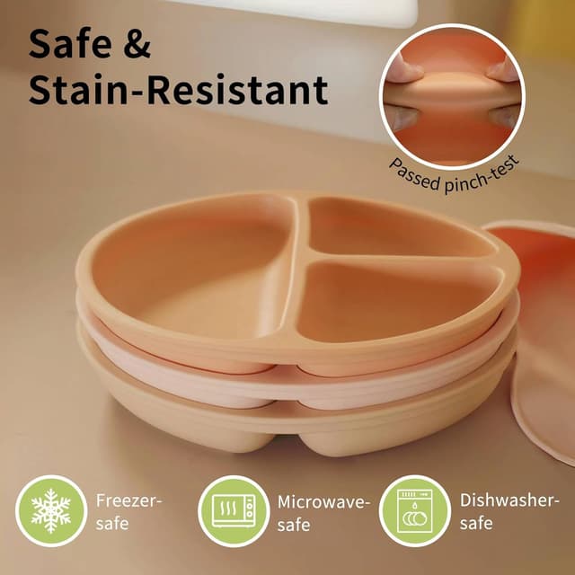 Detalle de BebeCalin Baby Suction Plate Set of 3 (Royal Blue/Cream/Army Green) – Non-Slip Divided BPA-Free Silicone Plates