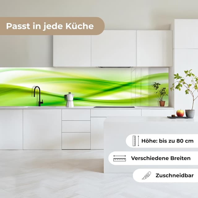 Detalle 2 de KitchenYeah© Rückwand Küche 80x400 cm – selbstklebender Rückwandschutz in Glasoptik (Wellen, Grün)