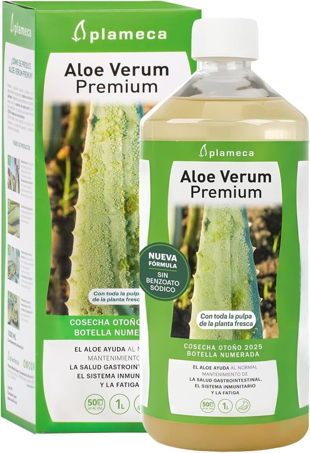 Detalle de Plameca Aloe Verum Premium (1L) — jugo puro de aloe vera con pulpa, sin aloína