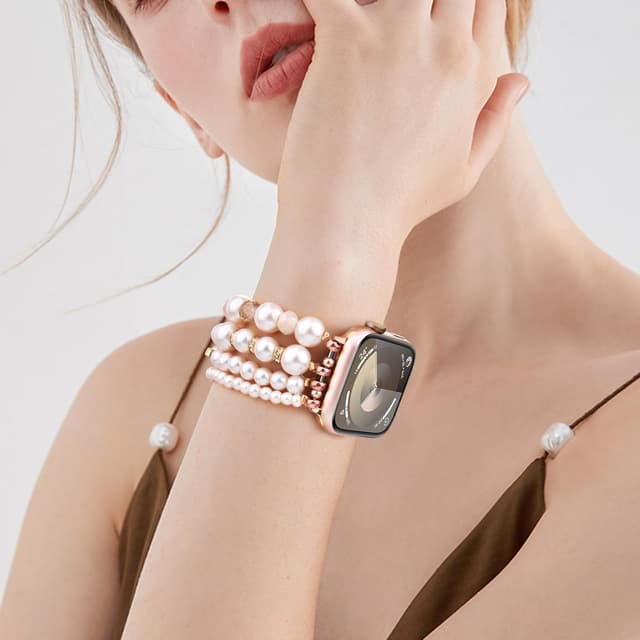 Detalle de VMORO Pearl Bracelet replacement strap for Apple Watch (44mm/46mm/45mm/42mm), light pink