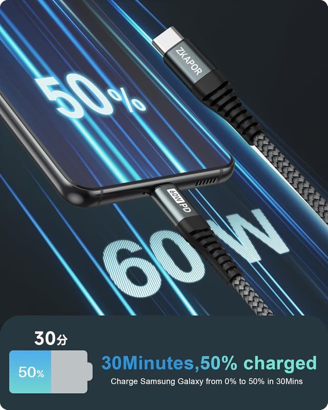 Detalle de ZKAPOR USB‑C auf USB‑C Kurz 30 cm Kabel (60 W) – Schnellladen & Datenübertragung, grau
