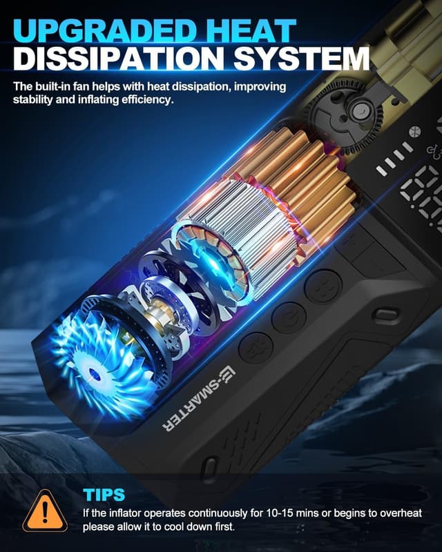 Detalle de E-SMARTER Tyre Inflator Air Compressor 6000mAh (150 PSI) with LCD and overinflate protection