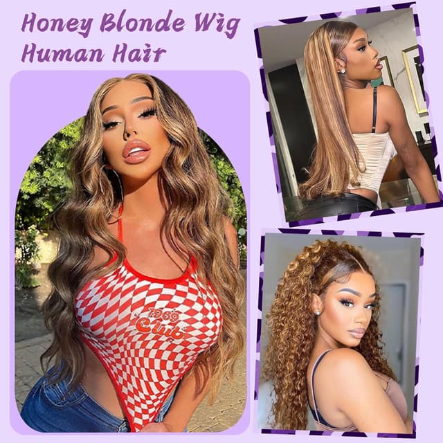 Detalle de Qimo Honey Blonde Human Hair Wig (30 Inch) – 13x6 HD Lace Front, 200 Density, Ombre Body Wave