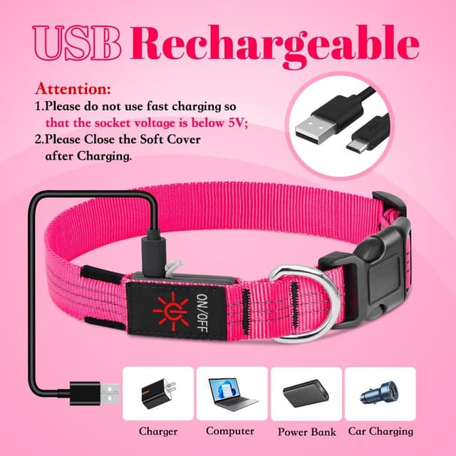 Detalle 2 de Sugiifamy Light Up Dog Collar (Pink, Large) with USB rechargeable LED and 3 flashing modes