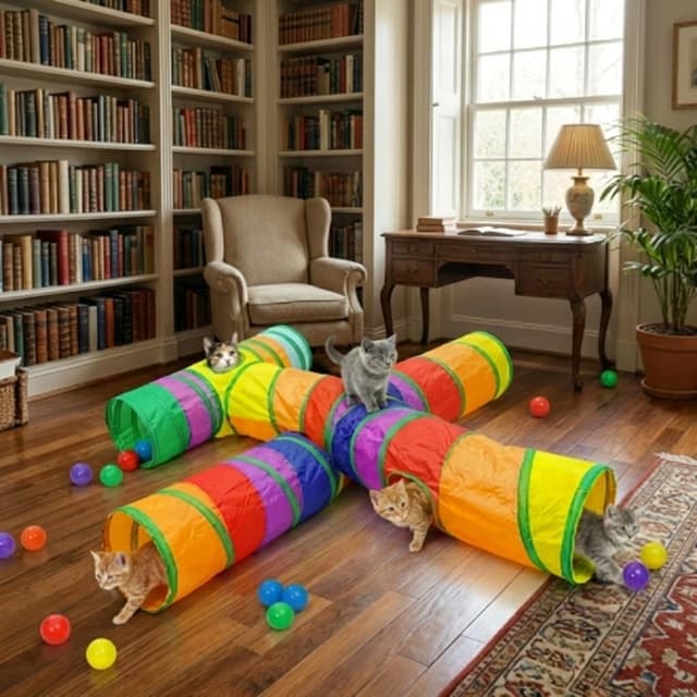 Detalle de DoggKKin Foldable Cat Tunnel (Rainbow Play Tent) with Interactive Toys