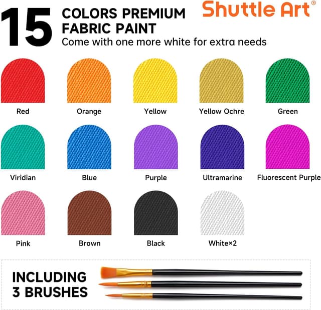 Detalle de Shuttle Art waschmaschinenfeste Textilfarbe (15 x 12 ml) im Set mit 3 Pinseln – zum Bemalen & Färben von Stoffen