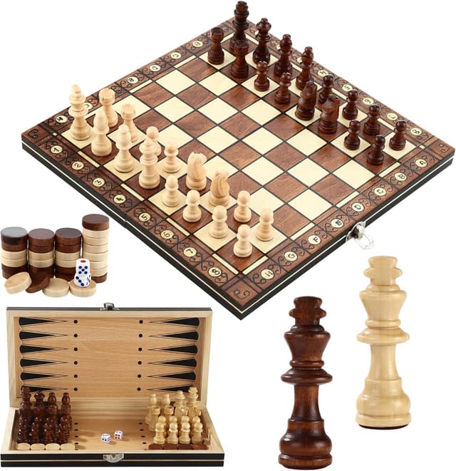 Detalle de Jeu d’échecs 3 en 1 magnétique en bois pliable (29 x 29 cm) pour enfants, adultes et voyages