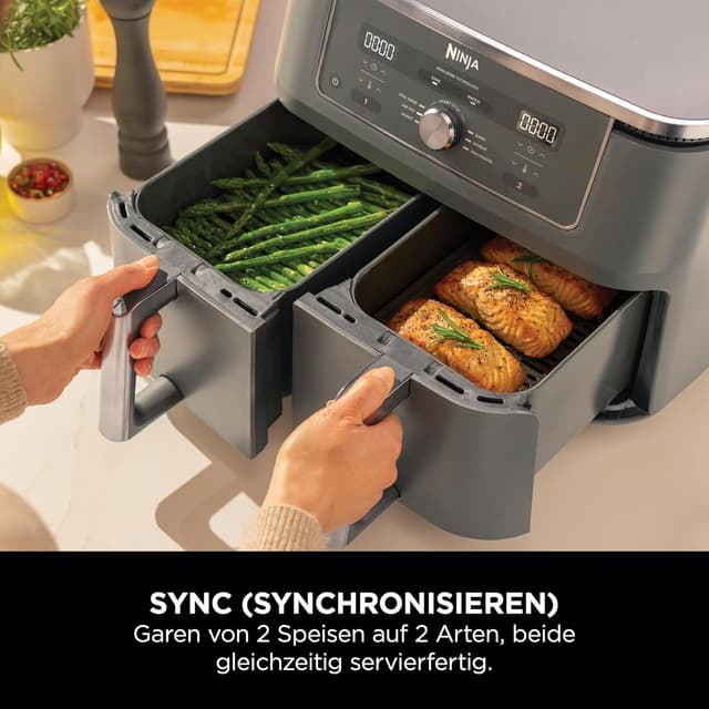 Detalle de Ninja Dual Zone Digital Air Fryer DZ400EU – 2 Schubladen, 6-in-1 Heißluftfritteuse, 9,5 L, Metallic Grau
