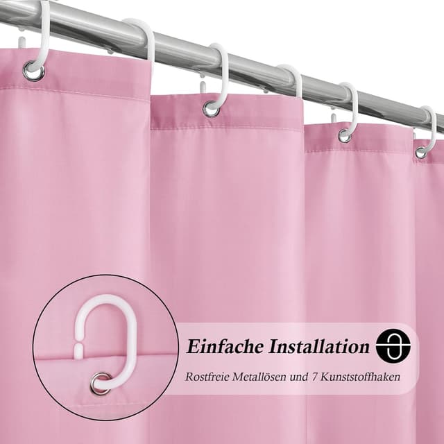 Detalle de EurCross schmaler Duschvorhang 100×200 cm aus Textil (rosa) – wasserdicht, waschbar, mit 7 Ringen