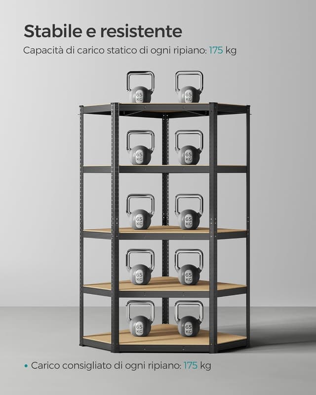 Detalle de SONGMICS GLR080B01 Scaffale angolare a 5 ripiani in acciaio, carichi fino a 875 kg (nero inchiostro e beige)