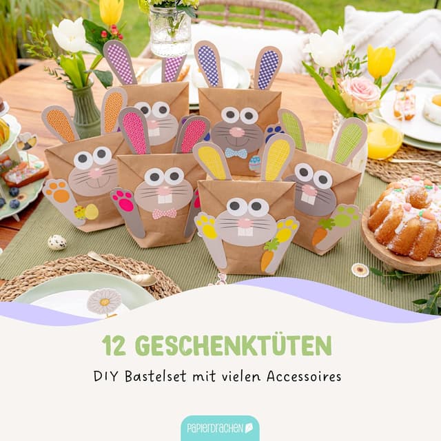 Detalle 2 de Papierdrachen DIY Osterhasen-Tüten (12 Stück) zum selbst Befüllen – bunte Geschenktüten für Ostern