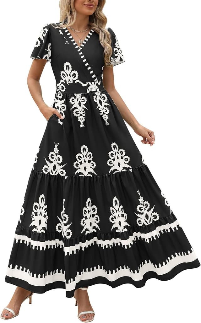 Detalle de PRETTYGARDEN V-Neck Boho Maxi Dress for Women (Tiered Floral with Pockets, Bell Sleeves)
