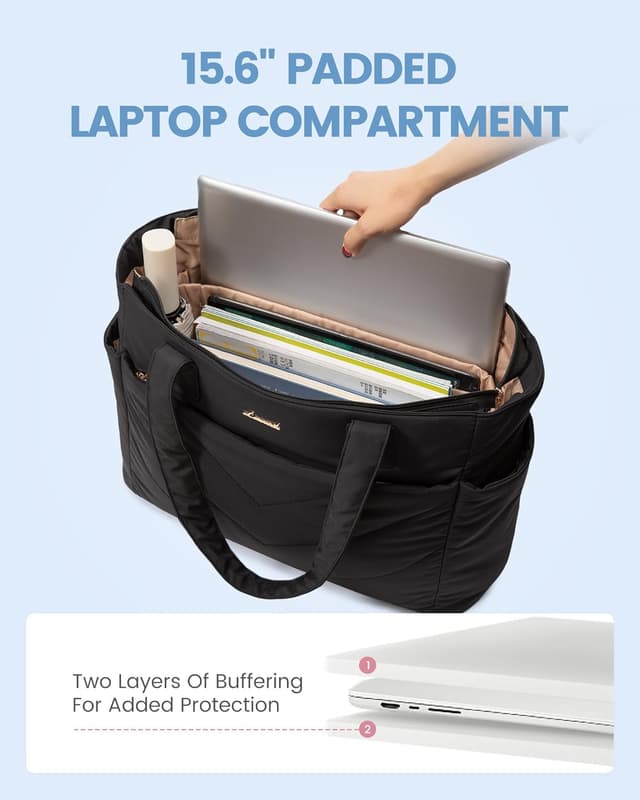 Detalle 2 de LOVEVOOK women’s lightweight puffer tote bag with zip and padded laptop compartment