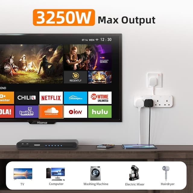 Detalle de Multi Plug Extension Socket 4 Way (Flexible Plug) with Individual Switches, UK 4-Gang Adapter – White