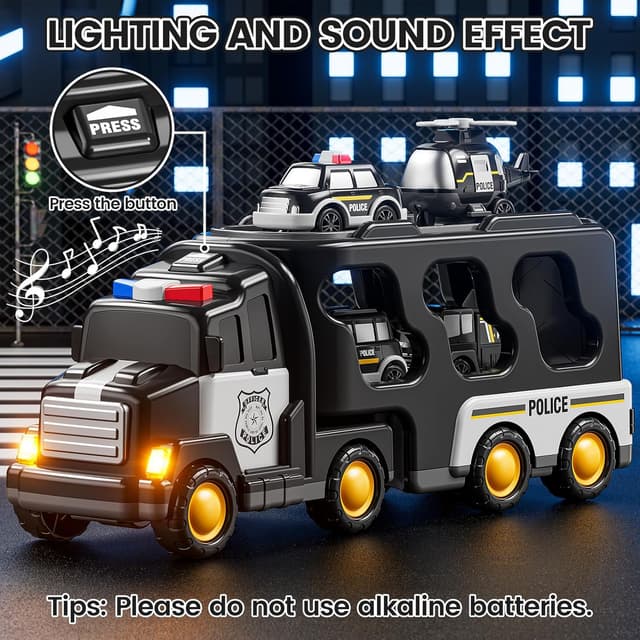 Detalle de JUKUDAHU Police Truck Toy Set (5-in-1 Carrier Truck with 3 Small Cars + Helicopter) for Ages 3–9