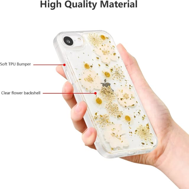 Detalle de Riccase Clear iPhone 16e Case with Real Dried Flower – Shockproof TPU Bumper (White Flower)