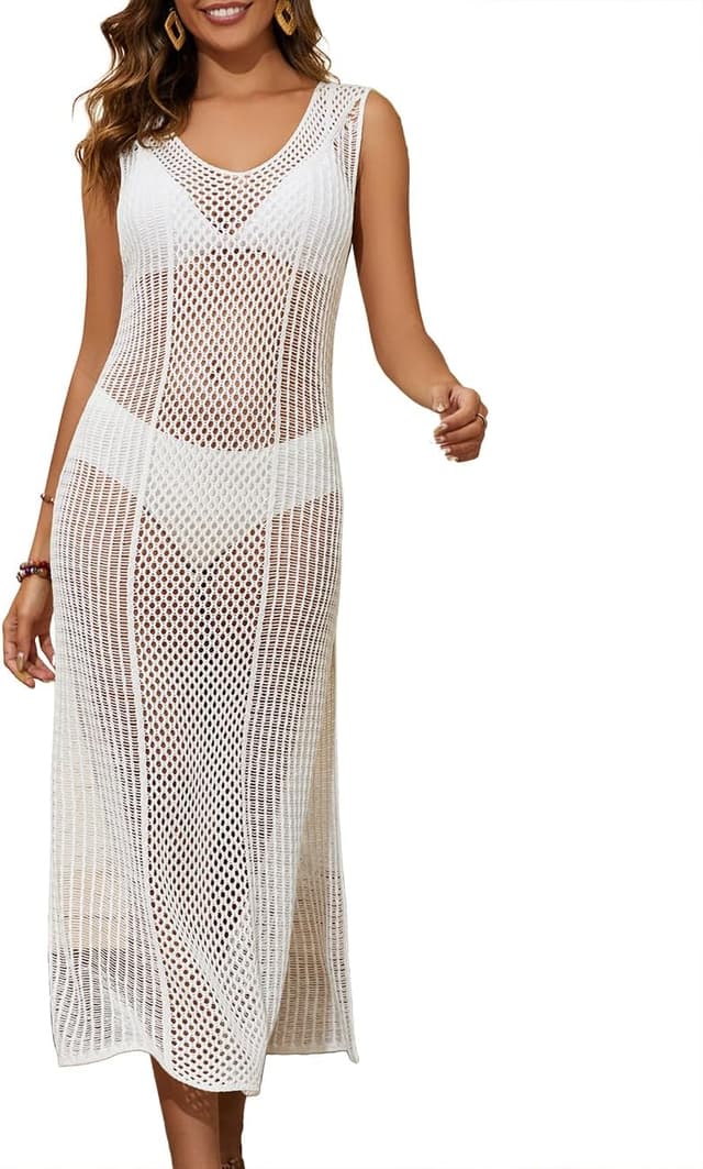 Thumbnail 6 de Bsubseach crochet cover up dress for women with side split & hollow-out diamond pattern (sleeveless)
