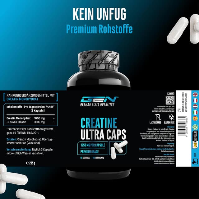 Detalle de Creatine Ultra Caps – 180 Kapseln mit 1.250 mg Creatin-Monohydrat (je Kapsel) von German Elite Nutrition