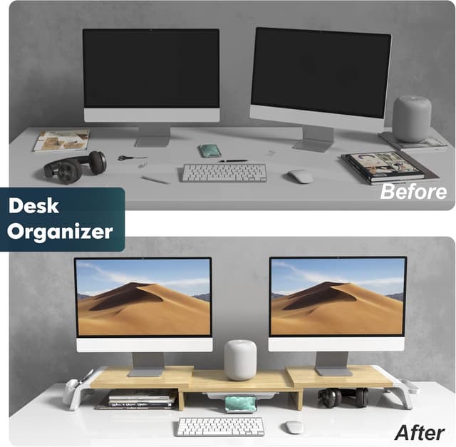 Detalle de Fenge Dual Monitor Stand (Oak) – adjustable length and angle with 3 shelves