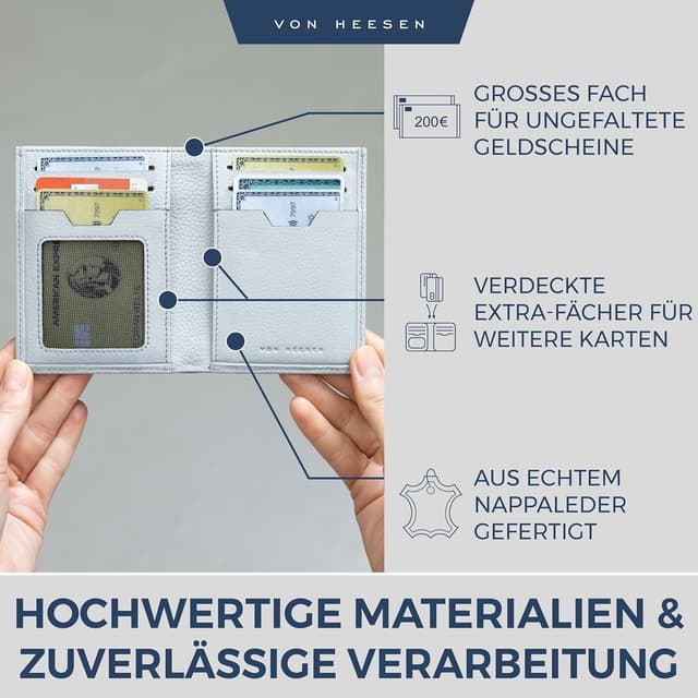 Detalle de VON HEESEN Leder-Geldbörse für Herren & Damen mit (RFID-)Schutz – Hellblau, ohne Münzfach