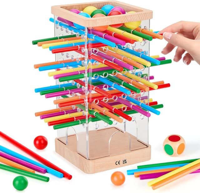 Detalle de Montessori Wooden Board Game Tower Set with 48 Coloured Sticks and 12 Balls (Ages 3+)