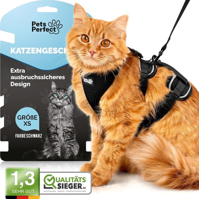Detalle de PETS PERFECT Katzen-Geschirr-Set mit Leine (XS) – extra ausbruchsicher, schwarz