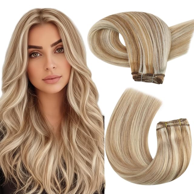 Detalle de Moresoo Sew-In Weft Hair Extensions (Remy Human Hair) Highlight Color #6 Medium Brown & #60 Platinum Blonde, 100g 14-inch