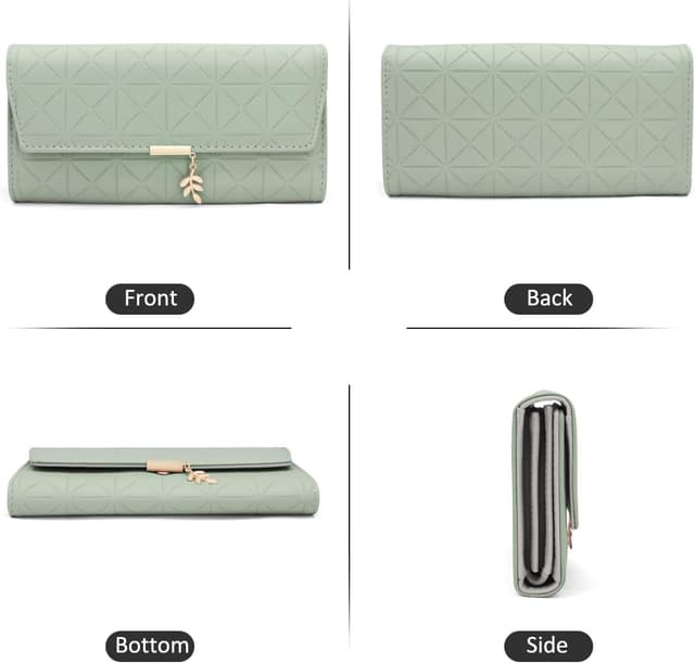 Detalle de Long Purse for Women PU Leather (B-Green) with 9 Card Slots and Zip Coin Pocket