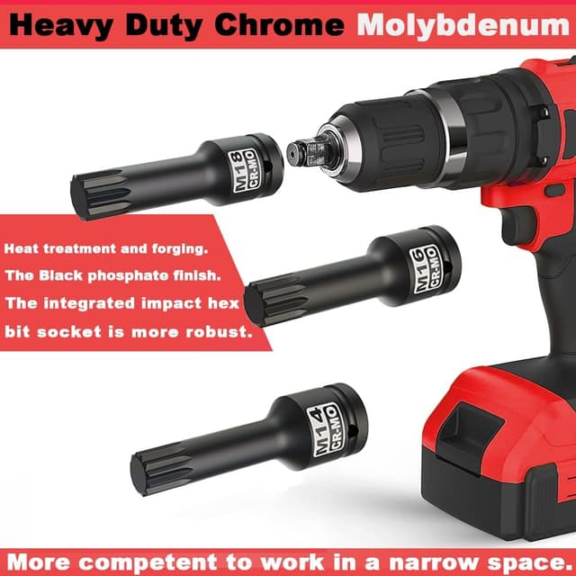 Detalle de KIRXST 1/2 Inch Impact XZN Triple Square Bit Socket Set (M5–M18) – 10 Piece