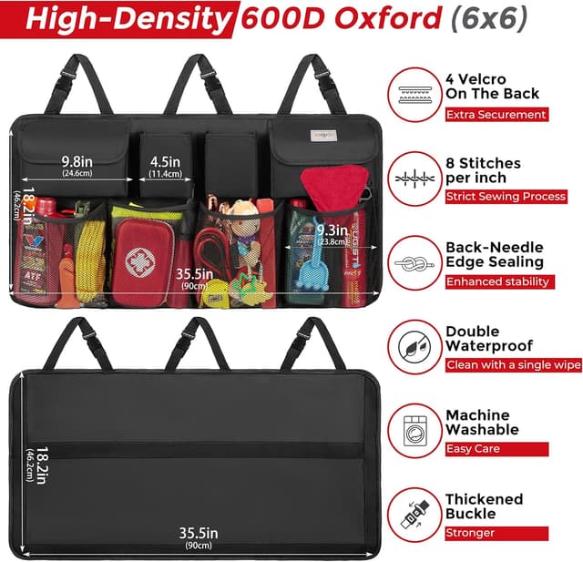 Detalle 2 de SURDOCA Auto Kofferraum-Organizer für SUV (L, schwarz) – faltbare Kofferraumtasche mit 8 Fächern