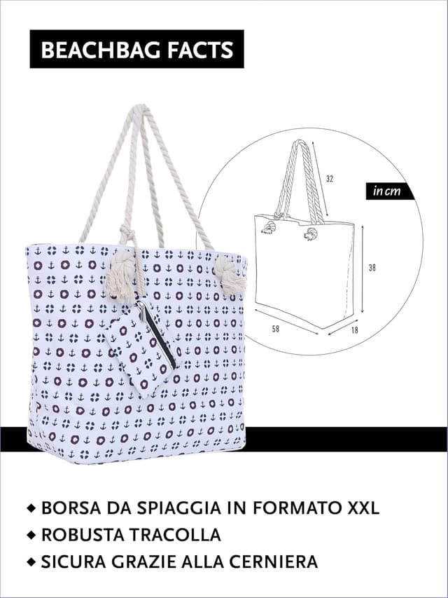 Thumbnail 1 de DonDon Borsa spiaggia XXL chiusura zip 58x38x18 cm