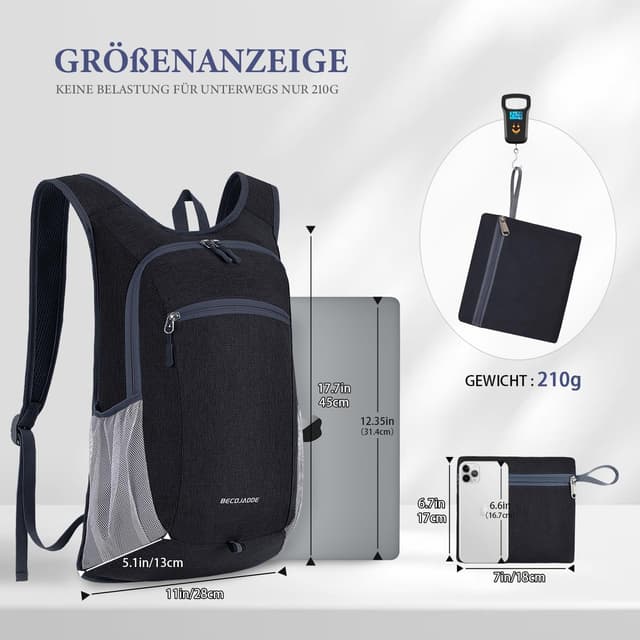 Detalle 2 de BECOJADDE 15L faltbarer Rucksack – leichter Tagesrucksack für Wandern, Reisen und Alltag (wasserabweisend) in Schwarz