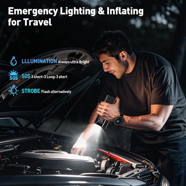 Detalle de Teffim Portable Tire Inflator Air Compressor with Pressure Gauge, LED Light, and 5 Modes