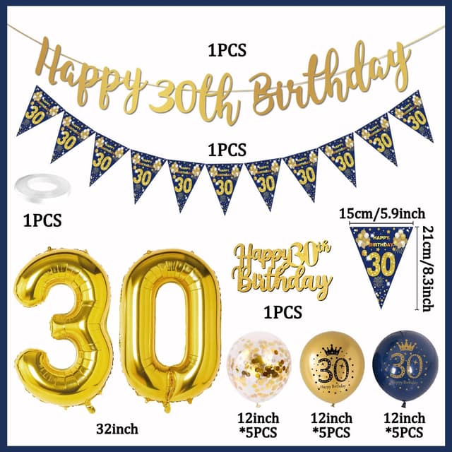 Detalle 2 de VICTERR 30th Birthday Decorations for Men (Blue & Gold) – bunting banner, foil balloons and confetti balloons